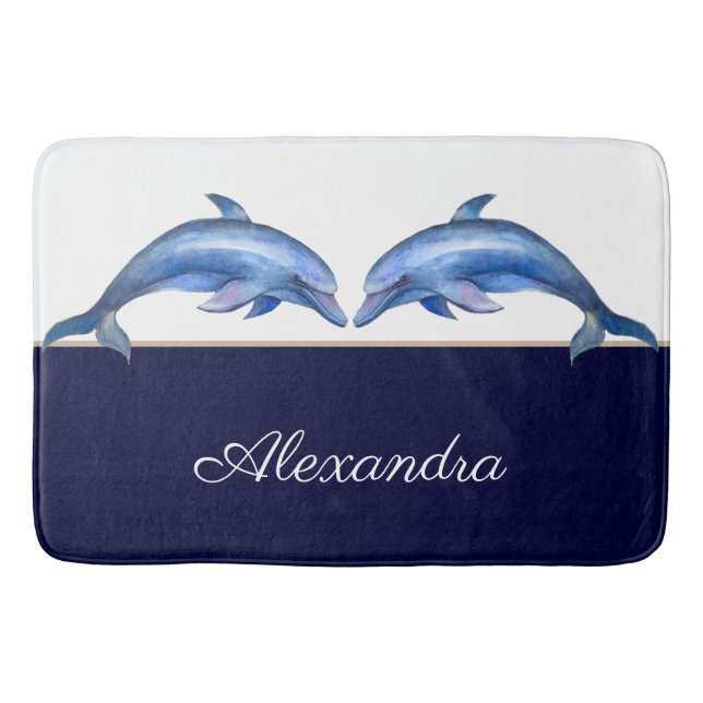 Tapis De Bain Aquarelle de dauphin marine blanc Nom bleu marine (Devant)