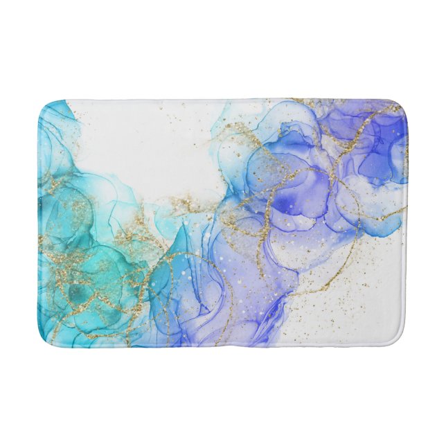 Tapis De Bain Aquarelle d'encre d'alcool turquoise et or (Devant)