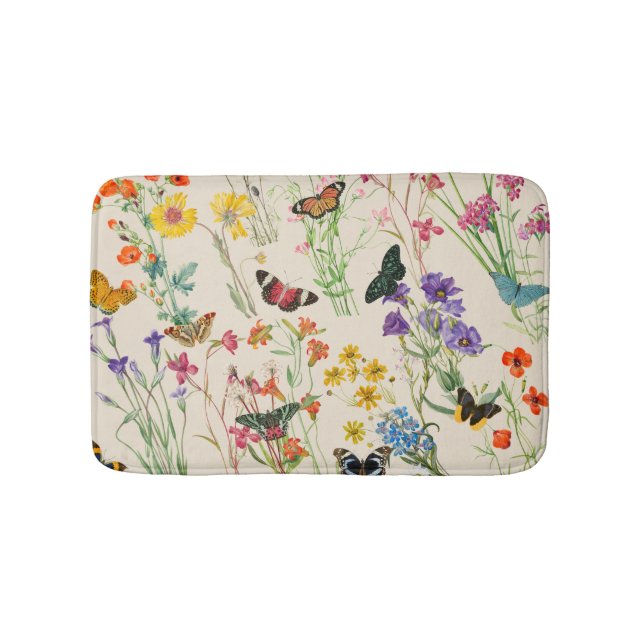 Tapis De Bain Aquarelle Fleurs sauvages & papillons Jardin Flora (Devant)