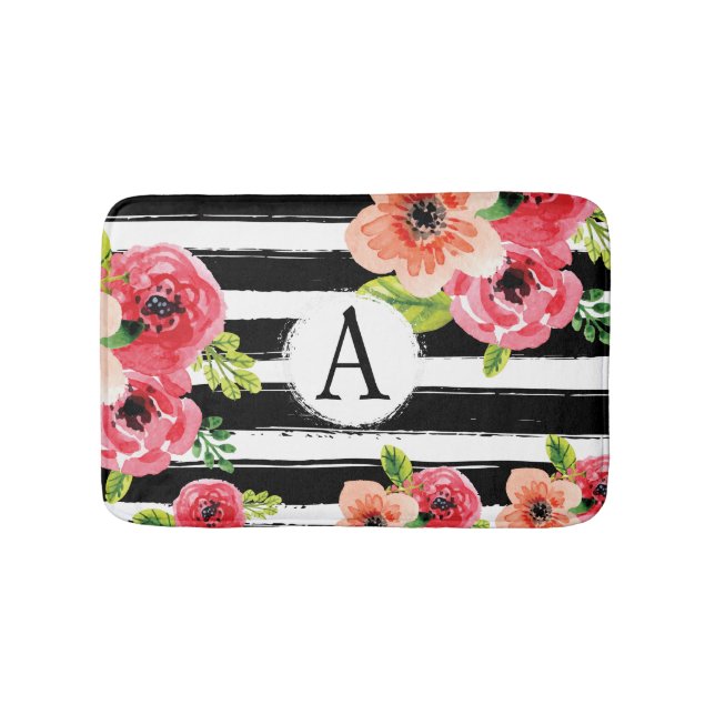 Tapis De Bain Aquarelle Florale Avec Rayures Et Monogramme (Devant)