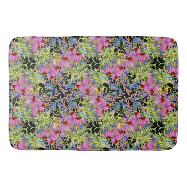 Tapis De Bain Aquarelle Florale motif jaune vert rose (Devant)