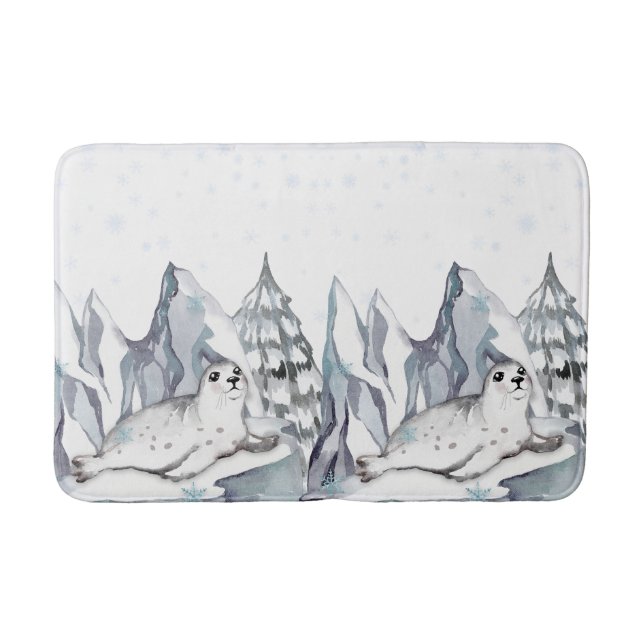 Tapis De Bain Aquarelle mignonne Pins de phoque blanc Pins Snowf (Devant)