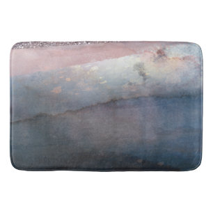 Tapis De Bain Aquarelle Moderne Bleu & Rose Gold Rose Pâle Glamo