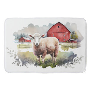 Tapis De Bain Aquarelle Mouton Avec Grange Rouge