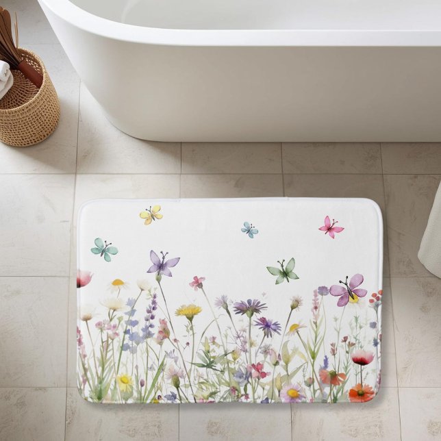 Tapis De Bain Aquarelle papillons fleur sauvage prairie délicate (Watercolor wildflowers butterflies meadow delicate bath mat)
