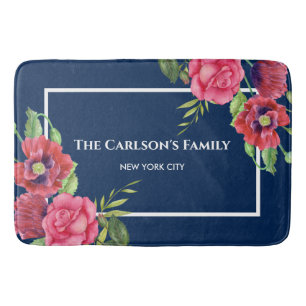 Tapis De Bain Aquarelle Rouge et rose Fleurs bleu foncé Marine