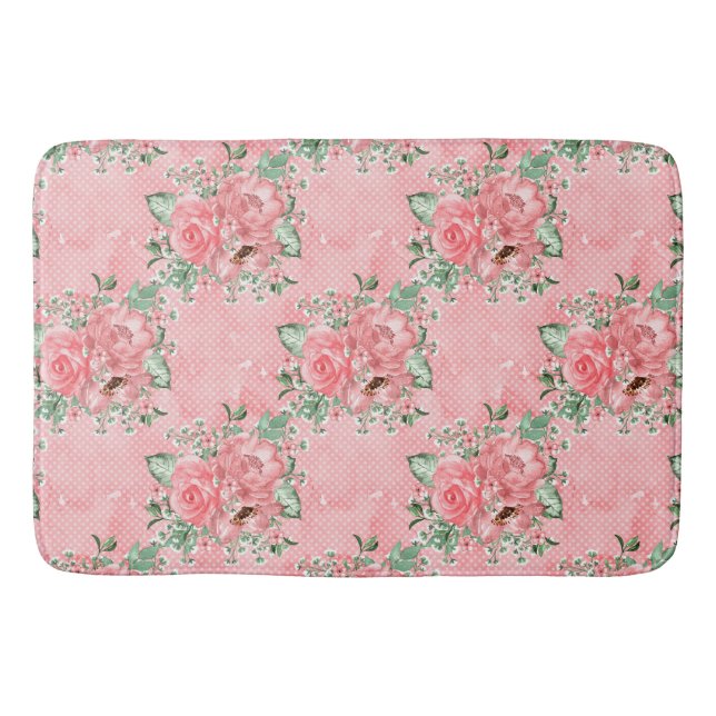 Tapis De Bain Aquarelle Shabby Chic Rose Roses et Pois (Devant)