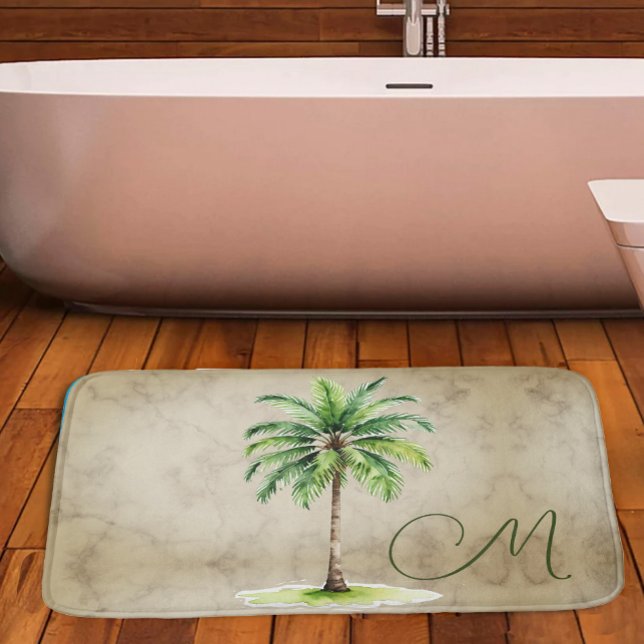 Tapis De Bain Aquarelle Tropicale Palm Monogramme Élégant (Créateur téléchargé)
