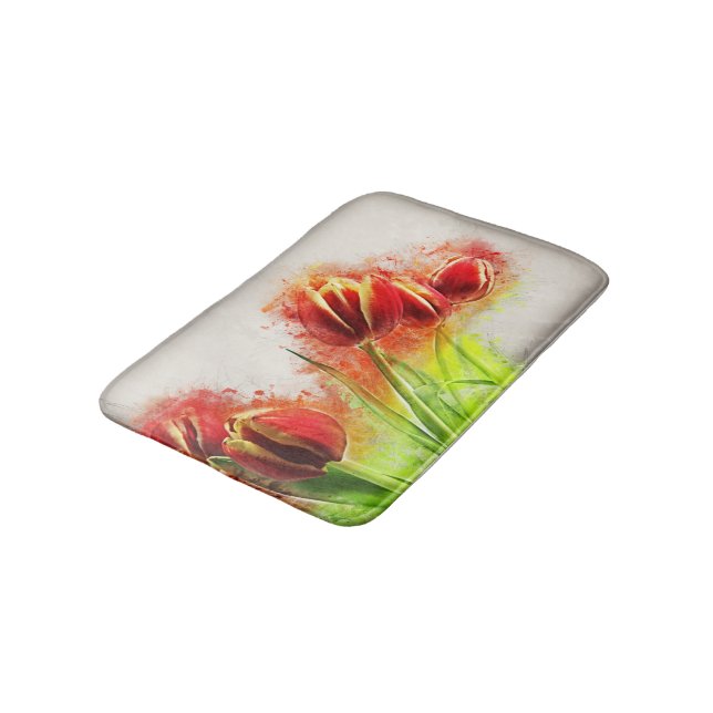 Tapis De Bain Aquarelle Tulipes rouge Jaune Fleur (Angle)