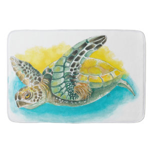 Tapis De Bain Aquarelle verte de la tortue marine