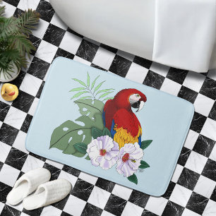 Tapis De Bain Ara Macao Rouge Perroquet Tropical Hibiscus Floral