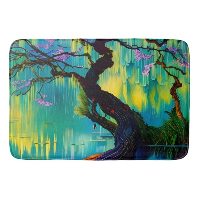 Tapis De Bain Arbre rose à fleurs sur l'eau turquoise (Devant)