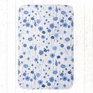 Tapis De Bain Art botanique de fleurs sauvages bleu blanc