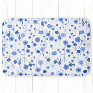 Tapis De Bain Art botanique de fleurs sauvages bleu blanc