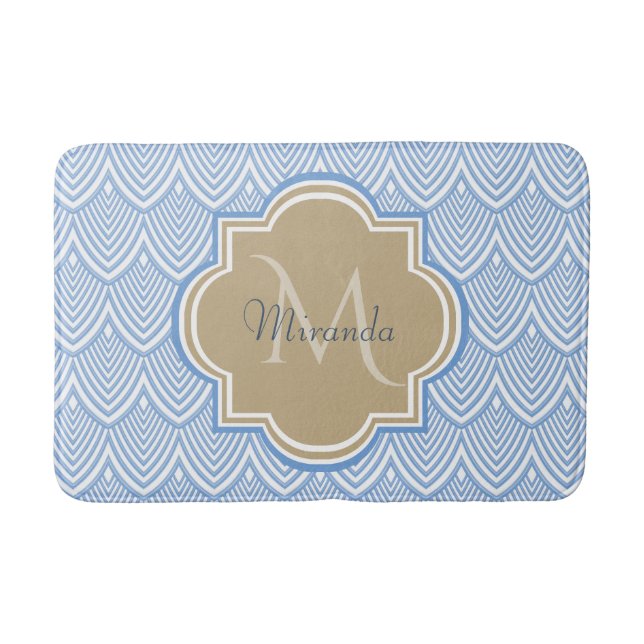 Tapis De Bain Art Déco Bleu clair Balances de poisson Tan Monogr (Devant)