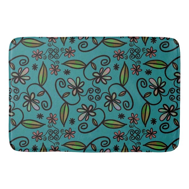 Tapis De Bain Art floral sur le Turquoise (Devant)