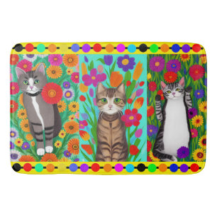 Tapis De Bain Art populaire Style Whimsical Chat et Fleurs