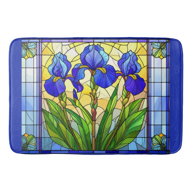 Tapis De Bain Artisan Blue Iris Floral Vitrail Mat (Devant)