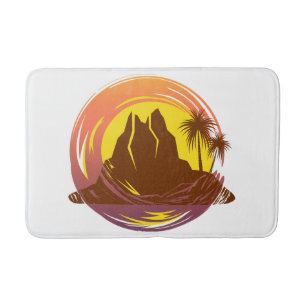 Tapis De Bain Badge avec paysage volcanique tropical et palmiers