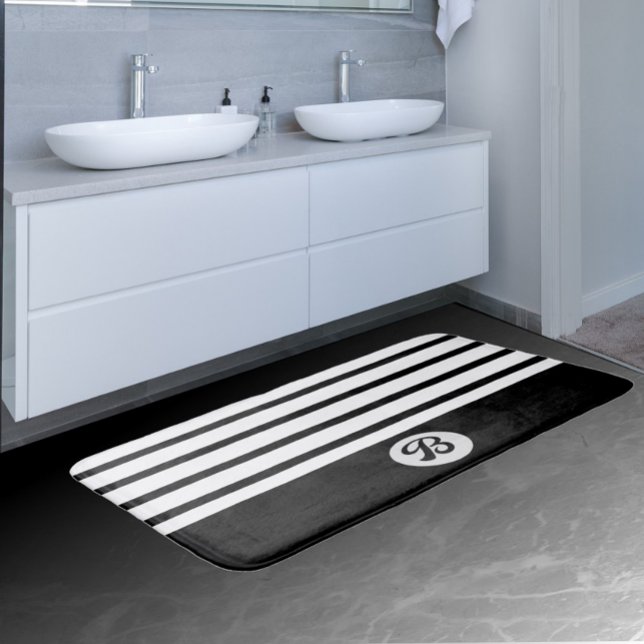 Tapis De Bain Bandes classiques noires et blanches avec monogram (Créateur téléchargé)