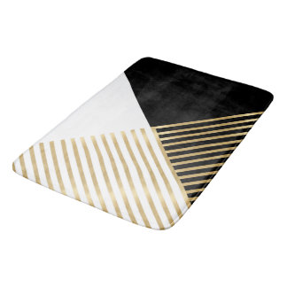 Tapis De Bain Bandes géométriques dorées noir blanc moderne