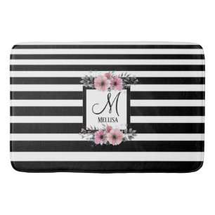 Tapis De Bain Bandes noires et blanches Monogramme floral rose