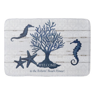 Tapis De Bain Beach Coastal Navy Bleu n Wood Seahorse Coral