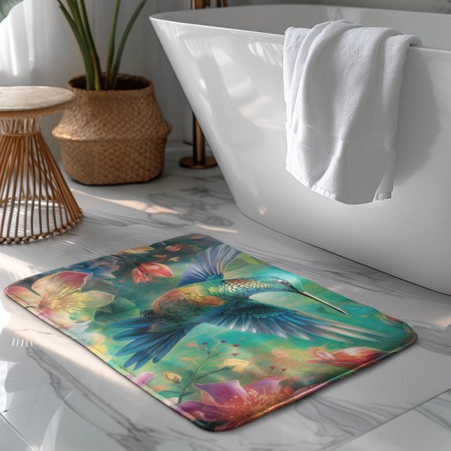 Tapis De Bain Beau colibri entouré de fleurs (Créateur téléchargé)