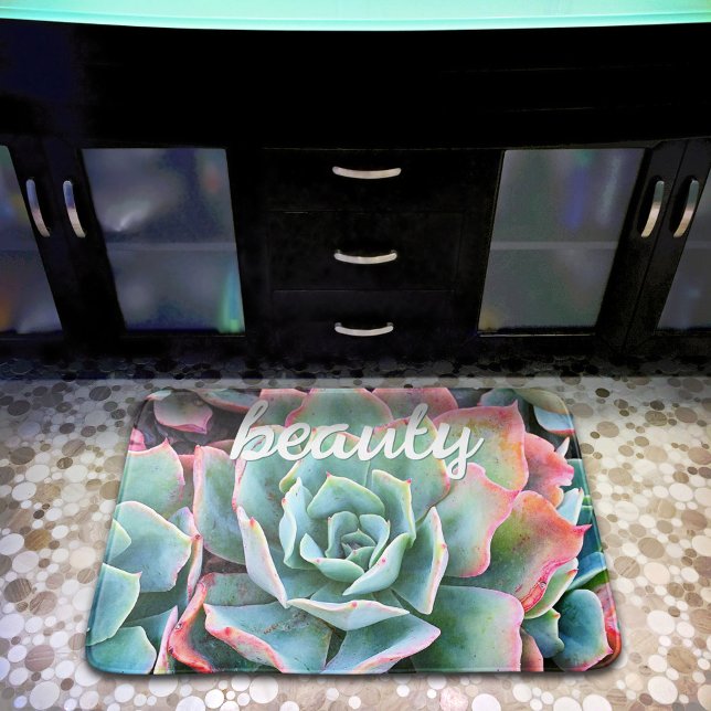 Tapis De Bain Beauty Script Rose Green Cactus Photo Bold Modern (Créateur téléchargé)
