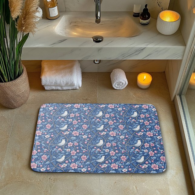 Tapis De Bain Beaux Oiseaux Bleus Roses Roses Élégants (Créateur téléchargé)