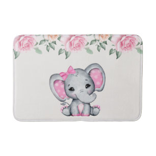 Tapis De Bain Bébé rose mignon éléphant et frontière Rose