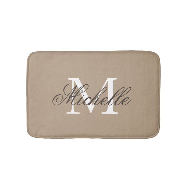 Tapis de bain beige kaki avec le monogramme nommé (Devant)