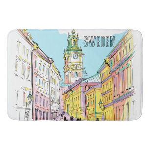 Tapis De Bain Belle art Stockholm Ville Suède Aquarelle blanche