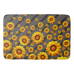 Tapis De Bain Belles fleurs jaunes sur gris, rayures noires