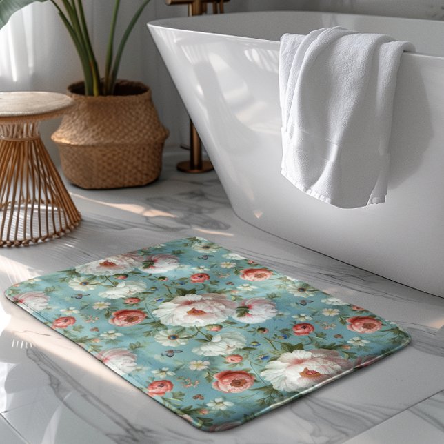 Tapis De Bain Belles pivoines blanches et rouges (Créateur téléchargé)