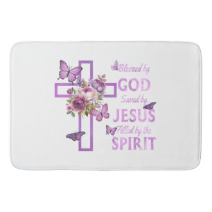 Tapis De Bain Béni par Dieu sauvé par Jésus Croix Florale pourpr