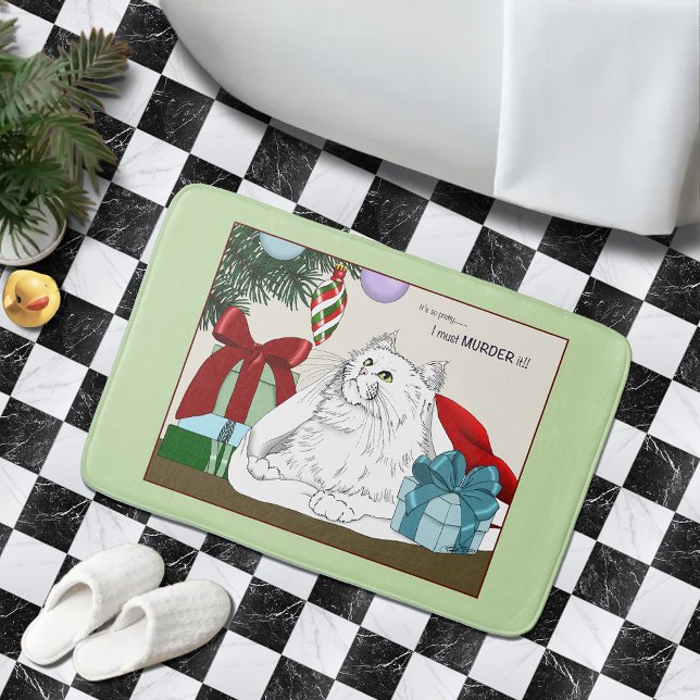 Tapis De Bain Blanc Chat Noël Ornements drôle (Créateur téléchargé)