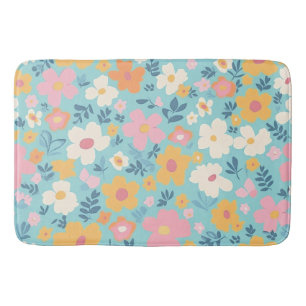 Tapis De Bain Blanc, Or et Motif Floral Rose sur Aqua