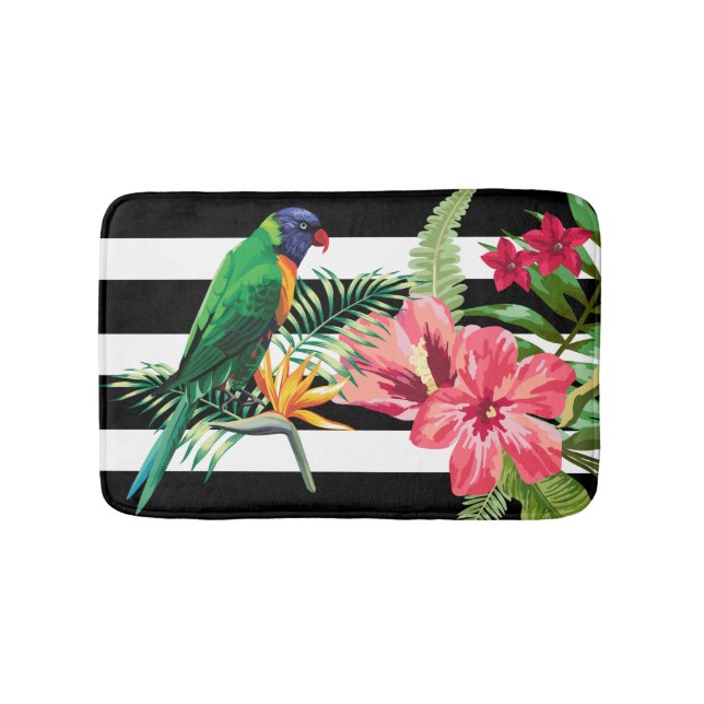 Tapis De Bain Blancs Et Noirs Avec Fleurs Et Parrot (Devant)