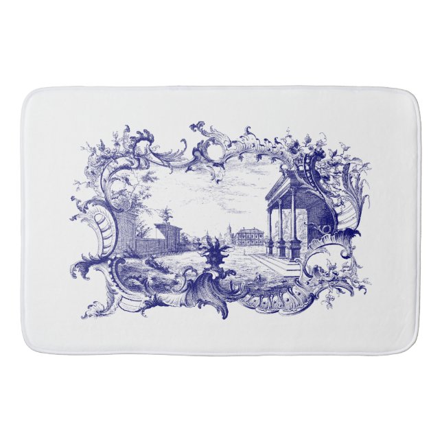 Tapis De Bain Bleu & Blanc Baroque Rococo Cartouche Ruines Scène (Devant)