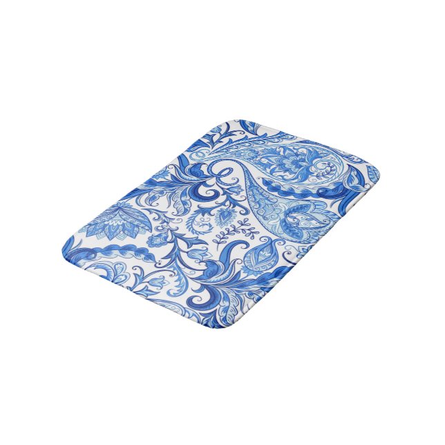 Tapis De Bain Bleu Bleu Blanc Floral Motif Paisley (Angle)