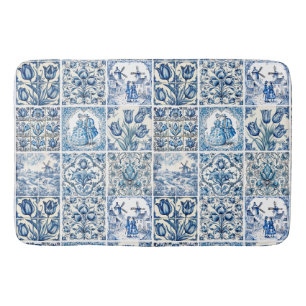 Tapis De Bain Bleu Chic toile blanche de jouy Poupées et fleurs