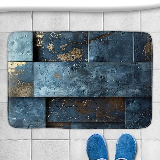 Tapis De Bain Bleu industriel Abstrait (Bath mat featuring an abstract industrial design in blue and gold colors)
