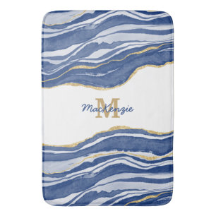 Tapis De Bain Bleu Marbre Agate Or Parties scintillant Monogramm