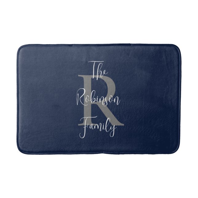 Tapis De Bain Bleu marine Famille Nom Monogrammé Classique  (Devant)