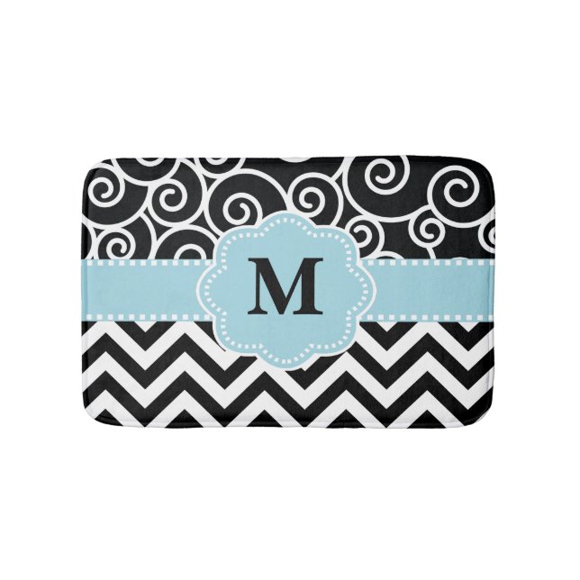 Tapis de bain bleu noir de monogramme de Chevron (Devant)