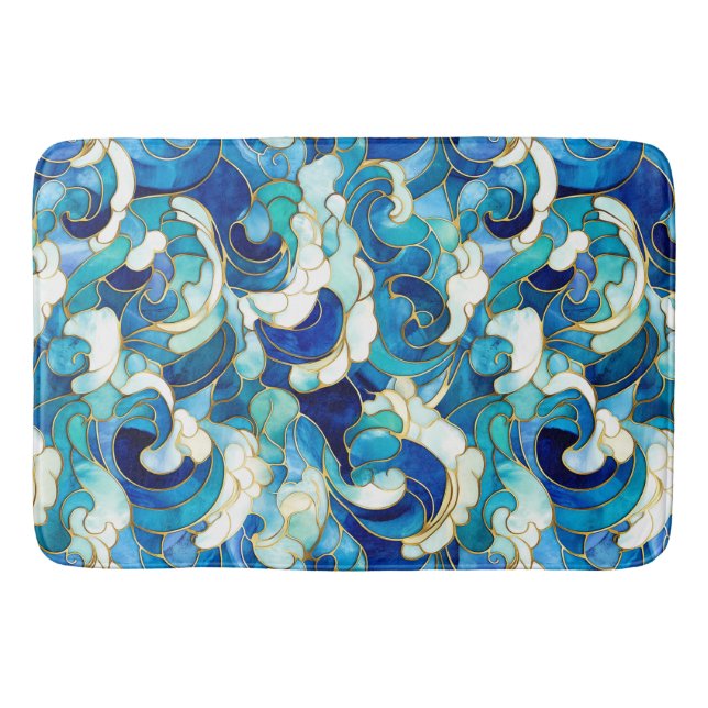 Tapis De Bain Bleu Océan Vagues Vitré Mosaïque (Devant)