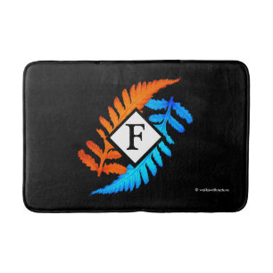 Tapis De Bain Bleu orange japonais peint fougères Monogramme