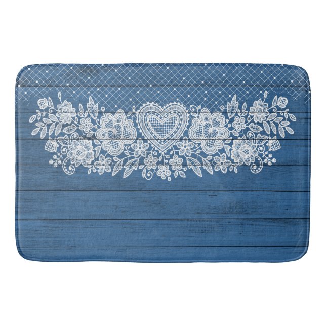 Tapis De Bain Bleu Rustique Bois & Blanc dentelle Lacy Farmhouse (Devant)
