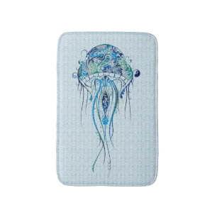 Tapis De Bain Bleu-Vert méduse rétro sur bleu Arrière - plan 2